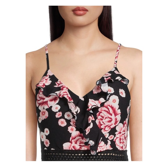 No Boundaries Juniors Ruffle Walk Through Maxi Romper, Black Soot - Picture 4 of 5